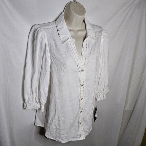 New Democracy Below Elbow Puff Sleeve Western Yoke Snap Front Off White Shirt M - Picture 4 of 15